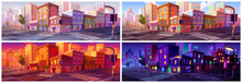 City Street Set At Night And Day Time Cartoon Landscape. Urban Modern Landscape Background With Intersection On Road, Pavement And Sidewalk. Neon Light From Store At Sunrise And Dusk.
