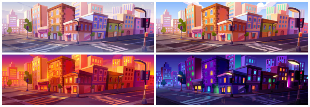 city street set at night and day time cartoon landscape. urban modern landscape background with inte