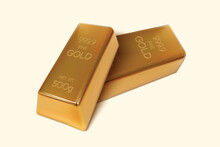 Two Gold Bars On Isolated Background. 500gm Gold Ingot. 3D Render. Vector Illustration.
