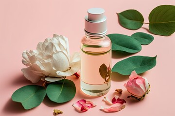 Wall Mural - Rose petals and blooms in a pink background, inside a bottle of essential oil. Aromatic rose essential oil in a bottle. Rose flower and petal tincture. Generative AI