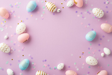 Wall Mural - easter decorations concept. top view photo of colorful easter eggs and confetti on isolated lilac ba
