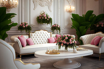 Wall Mural - Luxurious wedding hall session in classic white colors, banana leaves, pink roses, wall lamps, table, sofa. Generative AI 