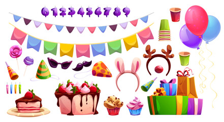 Wall Mural - Kid birthday party design elements set isolated on white background. Vector cartoon illustration of delicious cake and candle numbers, colorful festive flags and garlands, gift boxes and air balloons