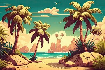 Wall Mural - Beautiful tropical setting with coconut palm trees and a retro styled filter. Generative AI