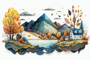 Wall Mural - Autumn. Mountains, hills, a lake, trees, and quaint little houses populate a watercolor scene. a lake hidden in the hills. Flat, horizontal terrain. Generative AI