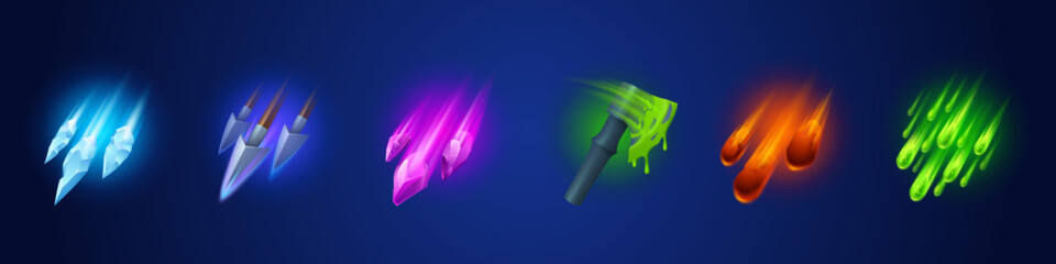 Fantasy game skill effect icon interface vector kit. Medieval cartoon spear, lance and ax with poison mmorpg guii element, Meteor rain and ice magic spell clipart collection for mobile application.