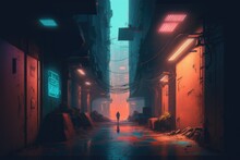 Deserted Neon Alleyway With Droning Cyberpunk Traffic Digital Art Poster AI Generation.