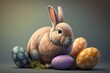 Super cute easter bunny guarding bunch of colorful eggs, generative ai