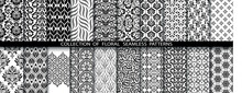 Geometric Floral Set Of Seamless Patterns. White And Black Vector Backgrounds. Damask Graphic Ornaments.