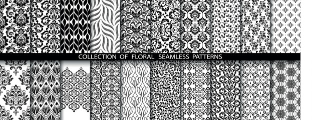 geometric floral set of seamless patterns. white and black vector backgrounds. damask graphic orname
