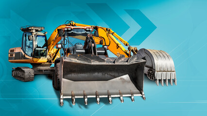 Wall Mural - Excavator and bulldozer loader with a big bucket close-up on a blue industrial background. Construction equipment for earthworks. Rental of construction equipment.