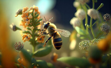 Bee Collects Nectar On A Sunny Day,wild Insect Life,  Generative Ai