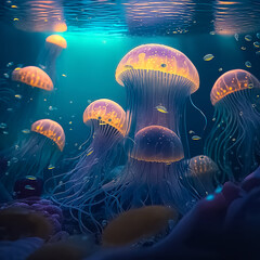Poster - Colorful Jellyfish underwater. Jellyfish moving in water. illustration, Generative, AI, Generative AI