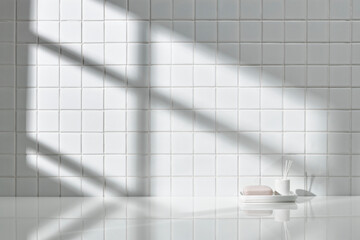 Wall Mural - Various objects on a white tile background with warm sunlight shining through
