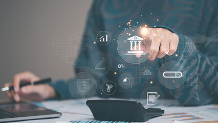 Aufkleber - Accountant calculating numbers in company financial documents with calculator ,Analysis of company financial data ,Planning to assess and review the budget ,concept of finance and investment