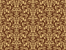 Wallpaper In The Style Of Baroque. Seamless Vector Background. Gold And Brown Floral Ornament. Graphic Pattern For Fabric, Wallpaper, Packaging. Ornate Damask Flower Ornament