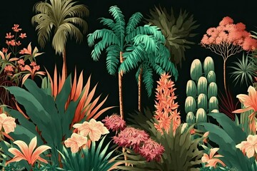 Wall Mural - There is a seamless pattern of palm trees. A pattern of watercolor flowers that repeats on the wallpaper. Generative AI