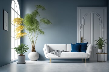 Sticker - Mockup of a minimalist living area including a low, curved sofa and a vase with a palm leaf. As an example,. Generative AI