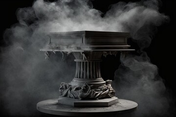 Sticker - Smoke billowing from a gray podium, table, or platform made of rough concrete. Generative AI