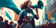 A woman standing up for her rights with a megaphone and protest Generative AI