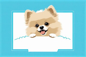 Poster - Puppy in a portrait frame looking adorable. An adorable pomeranian spitz's head and paws poking out from behind a blank banner. Cute puppy with a grin on his face holding a sign that can be customized