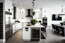 Large, Modern White Kitchen With An Expansive Island And Top Of The Line Appliances. Kitchen With A Black Leather Chair, Wine Cooler, And A Desk. Generative AI