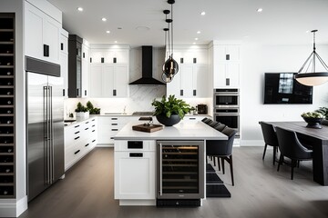 large, modern white kitchen with an expansive island and top of the line appliances. kitchen with a 