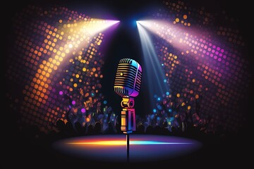 Wall Mural - Lights and Colors of a Comedy Show on Stage with a Microphone on Stage at a Nightclub with Blue, Purple, and Yellow Stage Lighting Venue for a Musical Performance and Karaoke Night. Generative AI