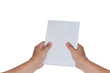 Left hand hold blank paper isolate on white with clipping path, blank paper for short note.