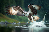 Fototapeta Zachód słońca - The big eagle flies to catch a big fat fish. Generative AI	