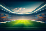 Fototapeta Sport - Daytime view of an empty American football stadium ahead of the game, no spectators. Generative AI