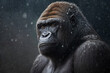 Portrait of beautiful African gorilla in snowfall outdoors. Great tropical monkey, primate animal. Created by Generative AI