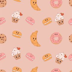 Wall Mural - Retro seamless pattern. Groovy cartoon cakes cupcake, donuts, Macaron and croissant on light background. Vector Illustration for wallpaper, design, textile, packaging, decor, childrens collection.