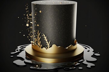 Sticker - Illustration of a black cylinder floating in murky water atop a round pedestal made of rough stone. Decoration with gold glitter. Lacking in substance for use in advertising. Elegant golden replica wi