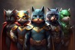 Lineup of cats in superhero costumes, concept of Costume Party and Animal Superheroes, created with Generative AI technology