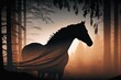 © AkuAku - Gorgeous Arabian horse silhouetted against the morning sun peeking through the mists and trees. Generative AI