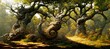 imaginative fantasy forest, foggy clouds, enchanted ancient oak trees, gnarled twisted branches and moss covered roots. lush green vegetation, bewitching woodland - high detail generative ai. 