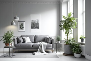 a grey sofa, a regular lamp, and a houseplant in a bright living room. generative ai