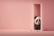 Friendly panda peeks around pink corner on plain background, concept of Playful and Adorable, created with Generative AI technology