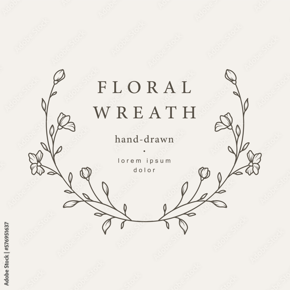Elegant circle floral frame. Hand drawn logo template in line art with ...