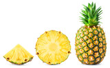 Fototapeta  - Pineapple isolated. Pineapple set on white background. Whole pineapple, round slice and triangle piece collection.