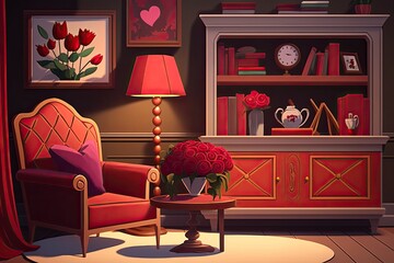 Canvas Print - A romantic Valentine's Day scene in a lovely living room, complete with a chair, roses, and other decorations. Generative AI