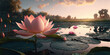 pink lotus flower in the middle of a pond with cyan water Warm lighting. AI-Generated