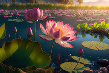 Pink Lotus Flower In The Middle Of A Pond With Cyan Water Warm Lighting.