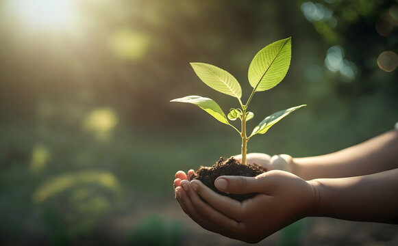 eco earth day concept. hand holding young plant in sunshine and green nature background - ai generat