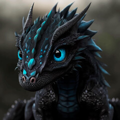 Head cute Dragon with orange eyes and black skin. little dragon. Fantasy monster. Mythical creature. 3d vector illustration. 