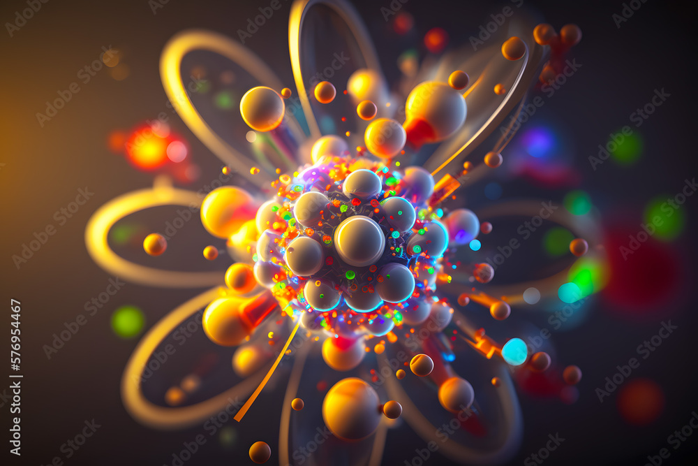Enlarged model of an atom with a nucleus of protons, neutrons and ...