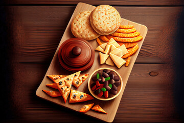 Wall Mural - Delicious unhealthy snack on wooden background. Generative Ai