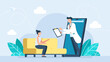 © Yurii - Online healthcare and medical consultation. Online diagnostics. Digital health concept. Woman connecting with a doctor online using a smartphone app and having a consultation. Flat illustration
