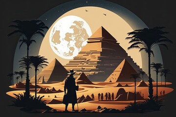 Egyptian pyramids in the Giza valley, under a super moon, Cairo, Egypt. Generative AI